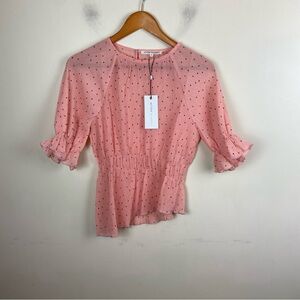 Free Market Pink Polka Dot Asymmetrical Hem Crinkle Ruched Blouse Top NWT Small‎